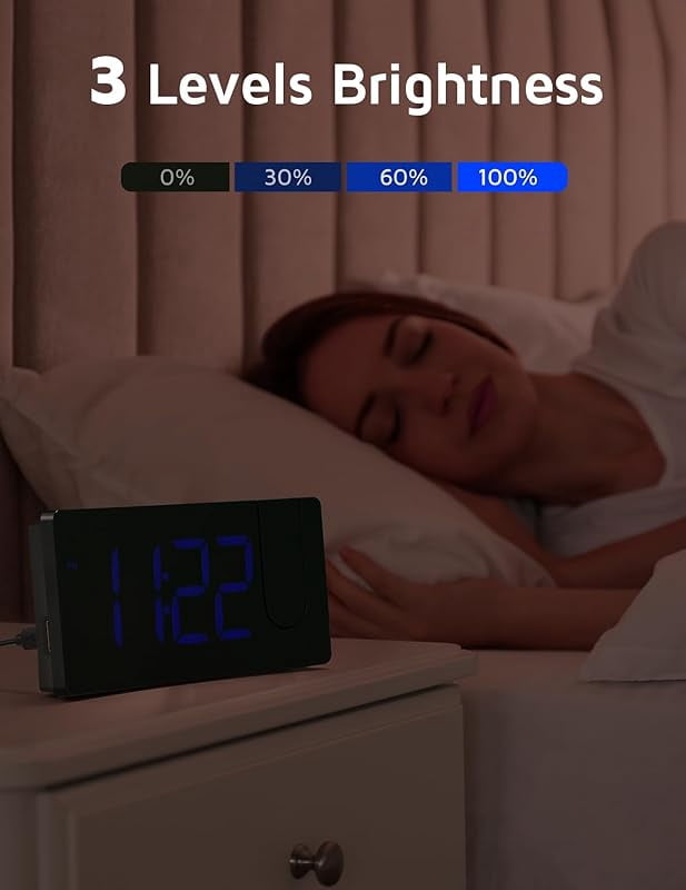Projection Alarm Clock, Digital Clock with 180° Rotatable Projector, 3-Level Brightness Dimmer, Clear LED Display, USB Charger, Progressive Volume, 9mins Snooze,12/24H, for Bedroom