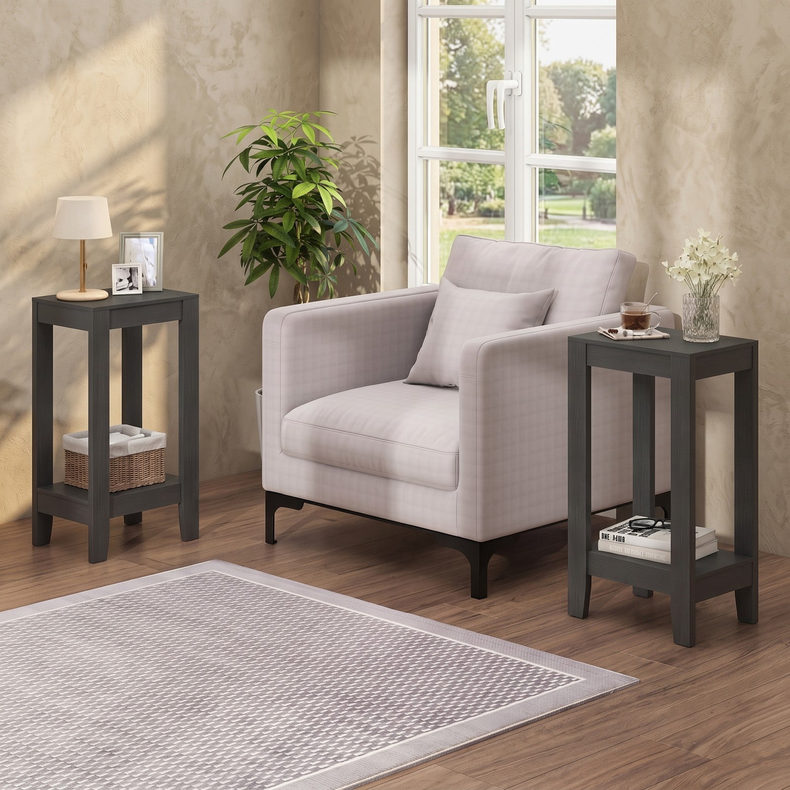 Furnibear Set of 2 End Tables 2-Tier Nightstand Side Table with Storage Shelf for Living Room Bedroom Small Space, Wood Sofa Side End Table Set, Black
