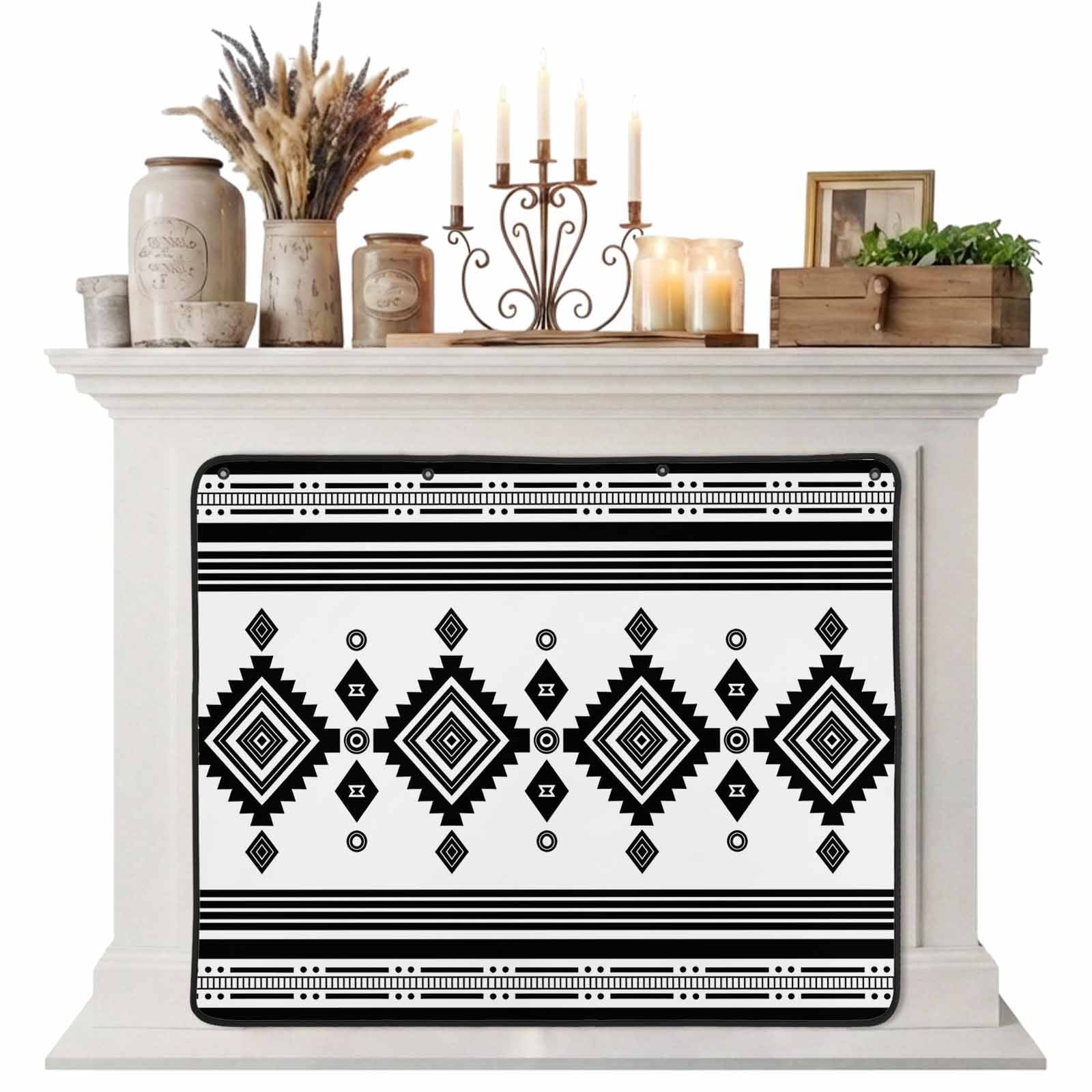 Magnetic Fireplace Cover White Bohemian Fireplace Screen Boho Rhombus Lines Stripes Insulation Fireplace Blocker Blanket Save Energy Fireplace Draft Stopper Covers for Living Room 45x34