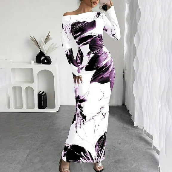 MORTTIC Women's Off-Shoulder Floral Print Bodycon Stretchy Party & Casual Long Sleeve Maxi Dress Purple，S