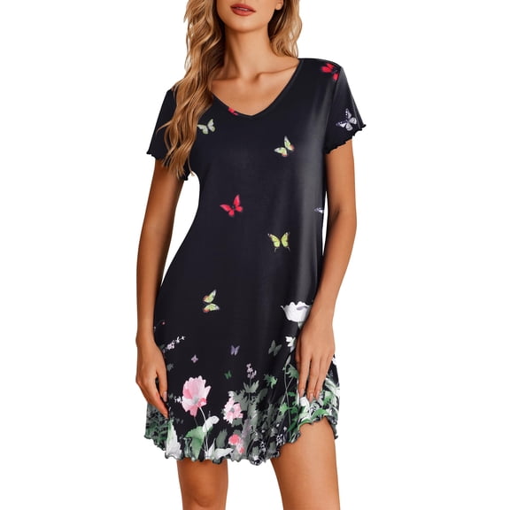 Ekouaer Nightgowns for Women Short Sleeve Sleepshirt V Neck Short Nightshirt Pullover Soft Ruffled Sleepwear