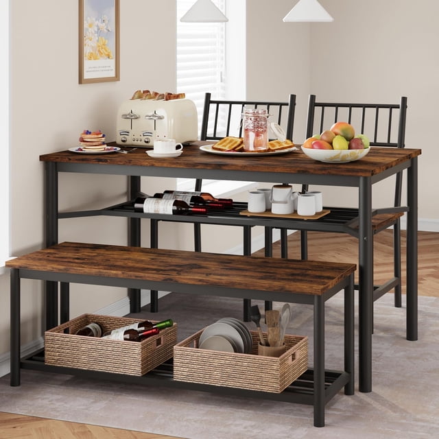 Dining Table Set for 4, Kitchen Table and 2 Chairs with Storage Bench, 47.2" Rectangular Kitchen Table Set with Wine Rack, Dining Room Table Set for Small Space, Apartment, Rustic Brown