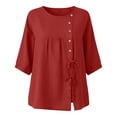 thumbnail image 7 of Mifsaly Vacation Tops for Women Button Down Short Sleeve Linen Shirts with Drawstring Hem Lightweight Flowy Loose Fit Textured Summer Boho Clothes Red,L, 7 of 7