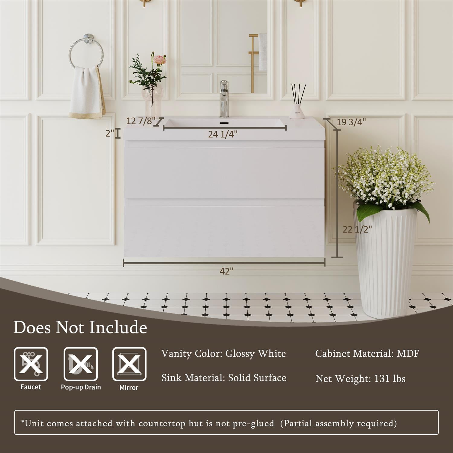 Demi Bonn 42" Floating Bathroom Vanity with Sink, Resin Top Basin and 2 Soft Close Drawers, Faucets and Drains Not Included, White