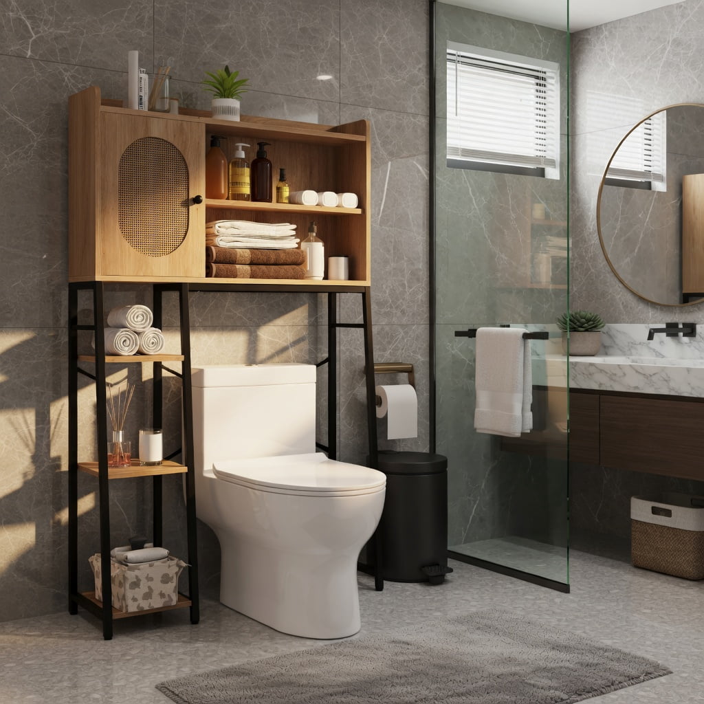 Hommoo Over the Toilet Storage Cabinet with PE Rattan Door, 3-Tier Adjustable Open Shelves, Engineered Wood & Metal Frame, Space-Saving Bathroom Organizer, Natural