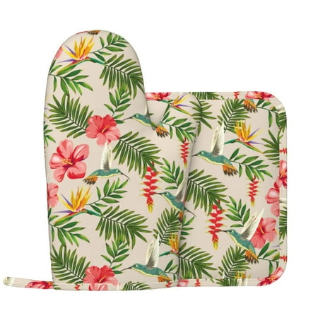 

Tropical Flowering Hummingbird Oven Mitts and Pot Holders Sets with 1 Non-Slip Left Silicone Oven Mitts and 1 Heatproof Insulated Hot Pads for Kitchen Use in Cooking Baking Grilling