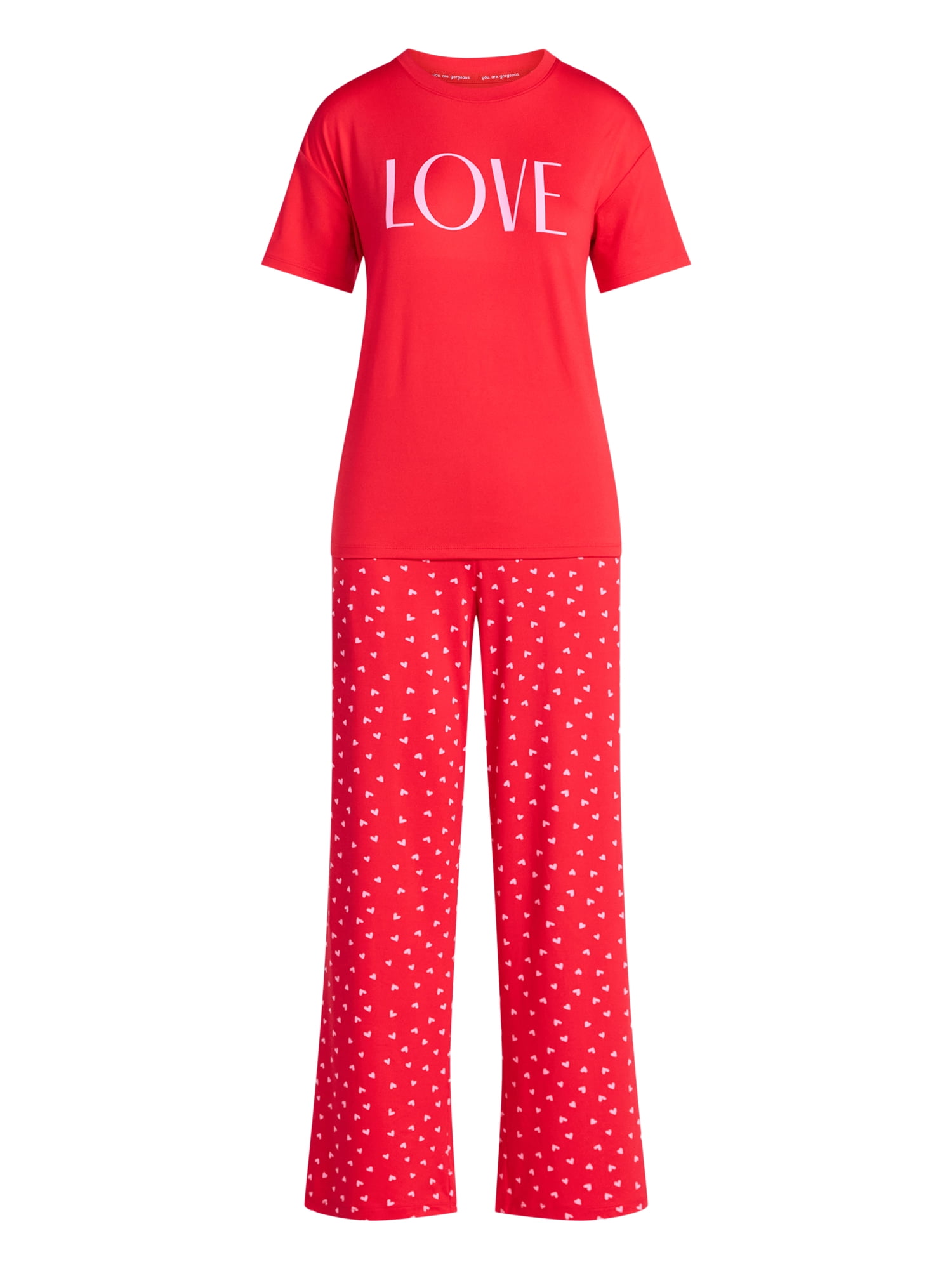 Joyspun Women's Dreamy Soft Collection Short Sleeve Sleep Top and Open Leg Pants Valentine's Day Pajama Set, 2-Piece, Sizes XS-3X