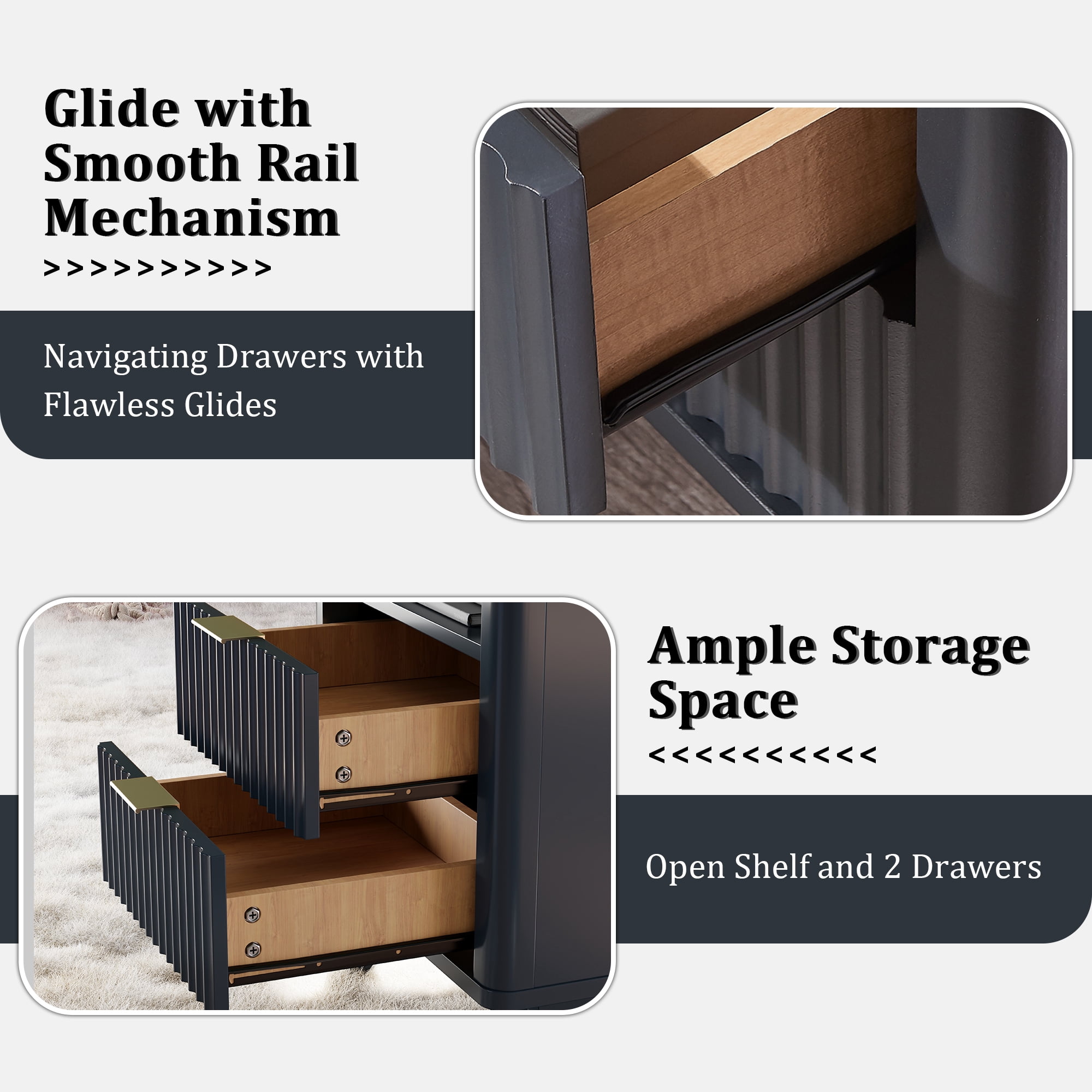 KeyWhat Modern Nightstand with Charging Station, Mid-Century Wood End Table Side Table for Living Room, Fluted Panel, Dark Grey