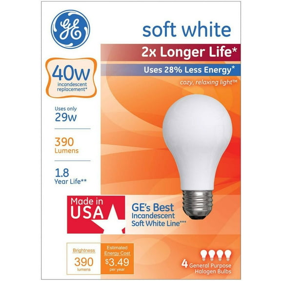 GE Halogen 29W General Purpose 2x Life Soft White 4pk