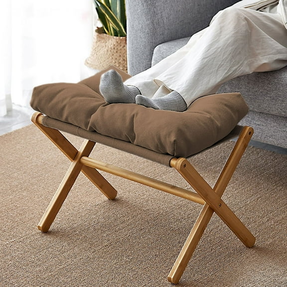 TEAFIRST Folding Footrest Stool, Footstool, Small Portable Bamboo Accent Ottoman,with Padded Brown