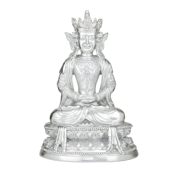 14" x 21" Silver Resin Meditating Buddha Sculpture with Engraved Carvings and Relief Detailing, by DecMode