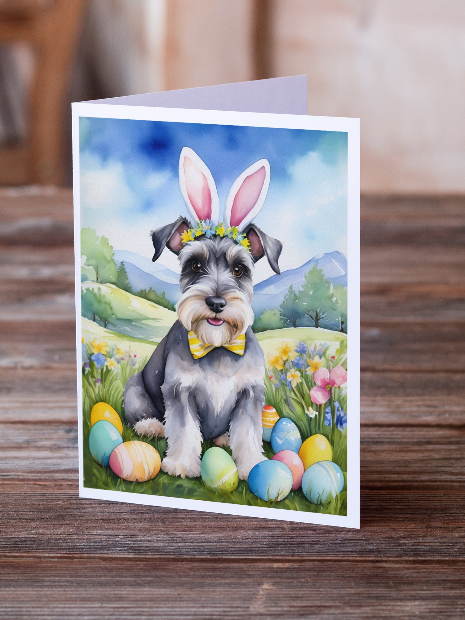 Schnauzer Easter Egg Hunt Greeting Cards Pack of 8 7 in x 5 in
