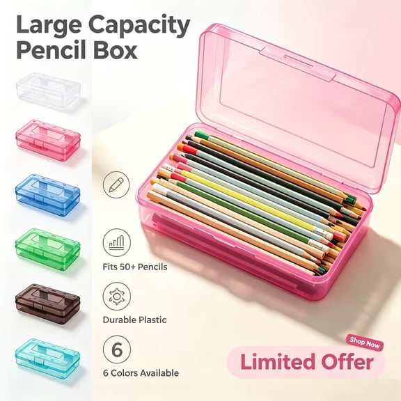 LOWLHOME Plastic Pencil Case, Large Capacity Clear Pencil Box, Crayon Marker Box with Snap-Tight Lid, Plastic Pencil Cases, Pencil Box, Crayon Box Storage