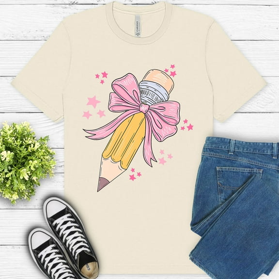 Teacher Supply Ribbon Shirt – Girly Yellow Pink Classroom Theme Tee , Natural, S