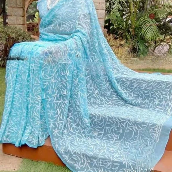Powder Blue Hand Embroidered Chikankari Saree
