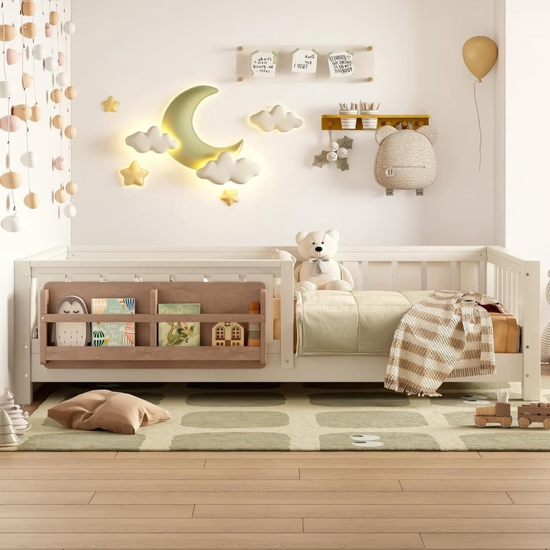 Bellemave Twin Size Floor Bed with Bookshelf, Wood Montessori Beds with Slats and Safety Guardrail, Low Profile Twin Bed Frame with Fence, No Box Spring Needed (Beige)