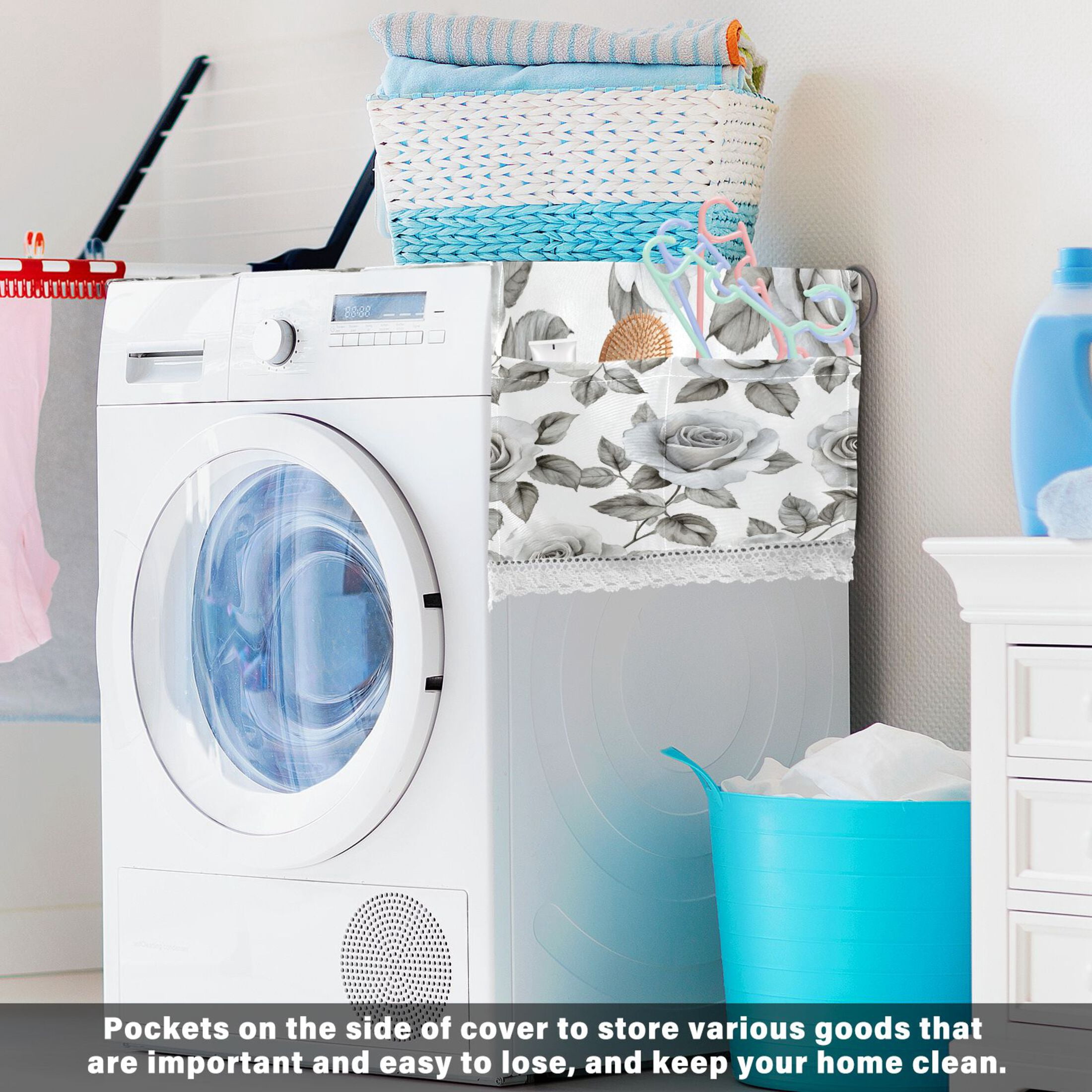 WOBOGO Rose Pattern in Gray and White Tones Washing Machine Cloth Dryer Refrigerator Top Cover Protective Non-Slip Mat For Kitchen Laundry