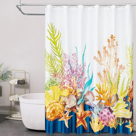Shower Curtain Nautical Coastal Shower Curtain 72 x 72 Inch Sea Plants Starfish Seashell Coral Pattern Shower Curtain for Bathroom Décor Water Repellent Ocean with 12 Hooks 1 Panel