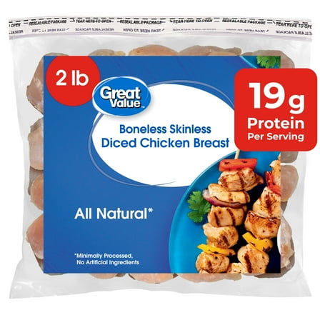 Great Value Boneless Skinless Diced Chicken Breast, 2 lb (Frozen)