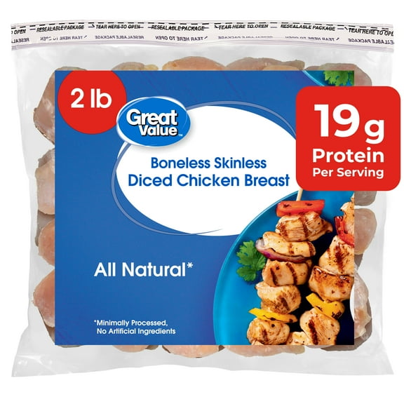 Great Value Boneless Skinless Diced Chicken Breast, 2 lb (Frozen)