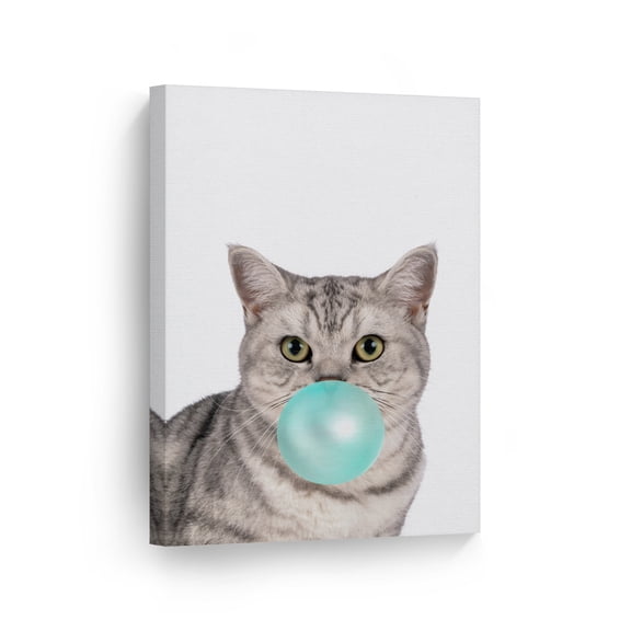 Smile Art Design Portrait of Brazilian Shorthair Cat Chewing Teal Blue Bubble Gum Canvas Wall Art Print Pet Cat Lover Gift Animal Pop Art Living Room Bedroom Kids Baby Nursery Room Decor 40x30