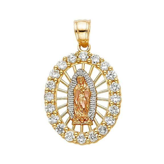 14k Yellow White Rose Gold CZ Religious Guadalupe Pendant - Height 22 MM Width 18 MM