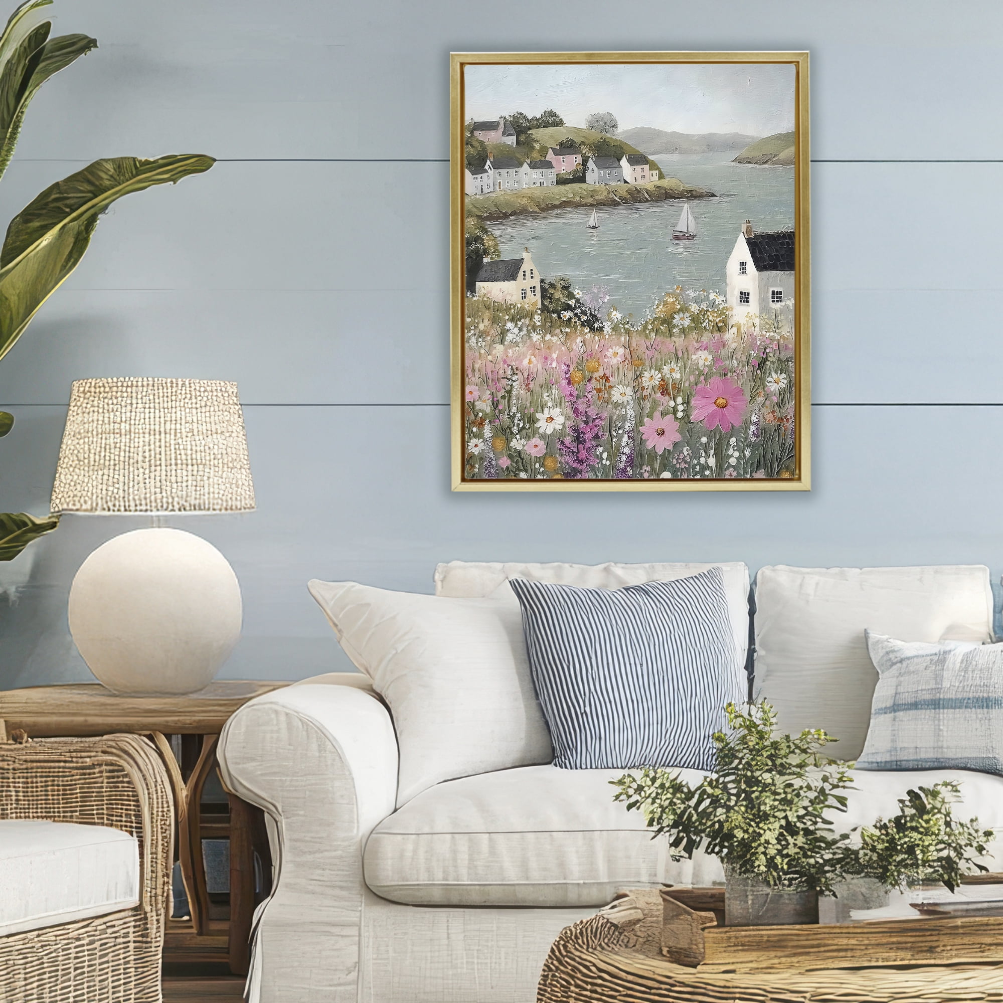 Stupell Industries Seaside Cottages & Sailboats Gold Framed Floater Canvas Wall Art, design by Riley B