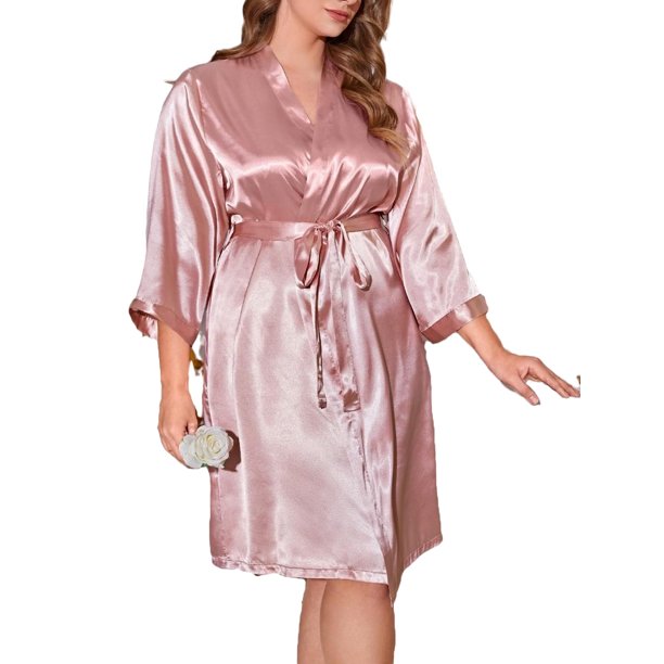 Elegant Solid Robes 3/4 Sleeve Pink Plus Size Robes & Robe Sets (Women