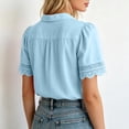 thumbnail image 5 of Mifsaly Button Down Shirts Women Crochet Lace Trim Elegant Business Casual Tops Short Sleeve V Neck Collar Blouses for Work office Summer Vacation Outfits Light Blue,L, 5 of 7