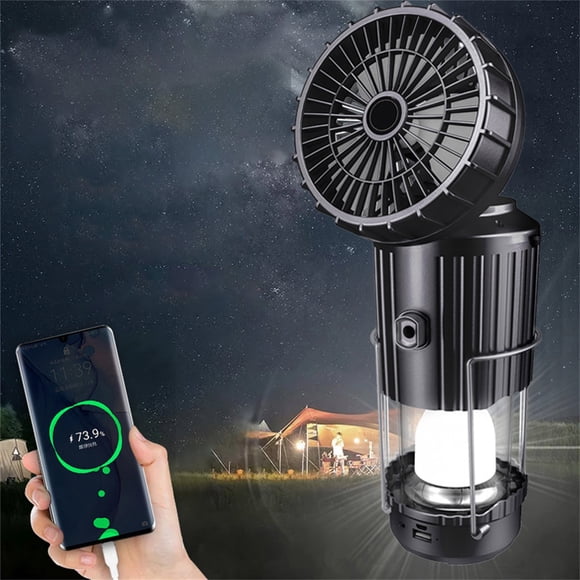 Portable Camping Fan with Light - 6-in-1 Rechargeable Outdoor Tent Light for Hiking, Emergency Power, and Solar Charging