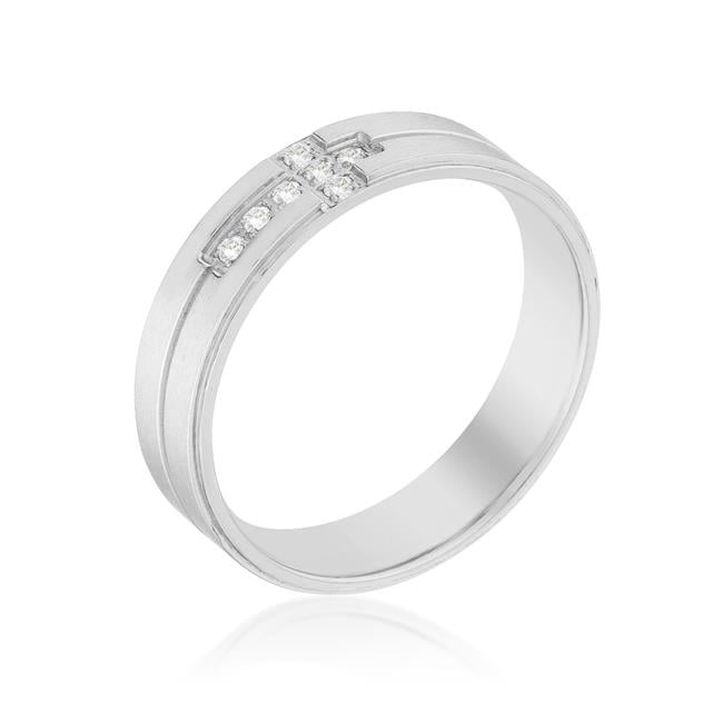 Mens Band Ring with Cubic Zirconia Cross Design - Size 11