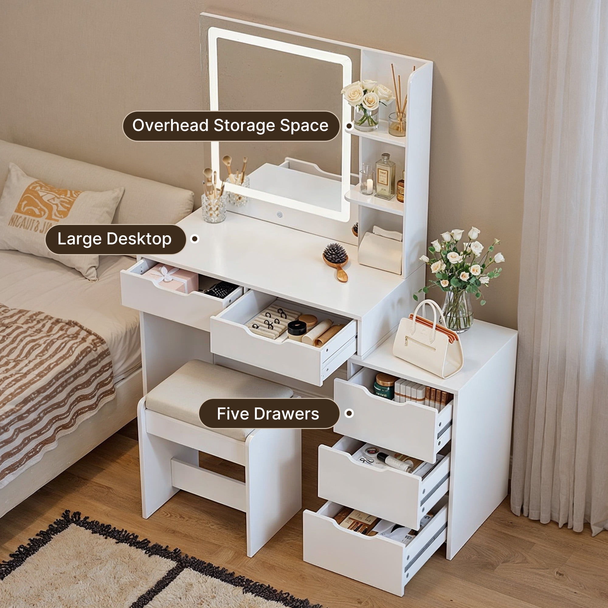 Aiho Makeup Dressing Table with Lighted Mirror - 3 Adjustable Color Modes, 5 Drawers & Storage Shelves, Vanity Set for Bedroom - White