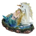 thumbnail image 6 of Blonde Mermaid Siren Princess Ariel With Rare White Unicorn In Lily Pond Statue, 6 of 8