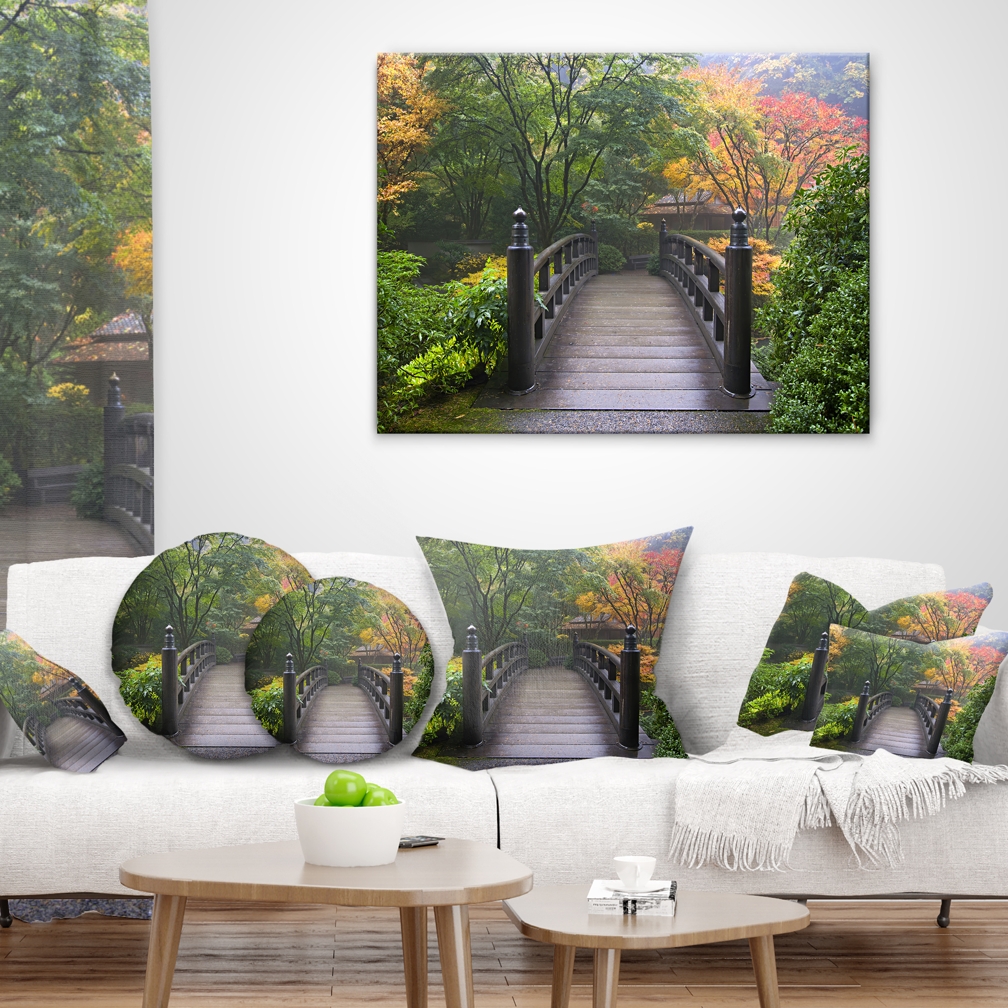 Designart Wood Bridge at Japanese Garden In Fall - Bridge Throw Pillow - 18x18