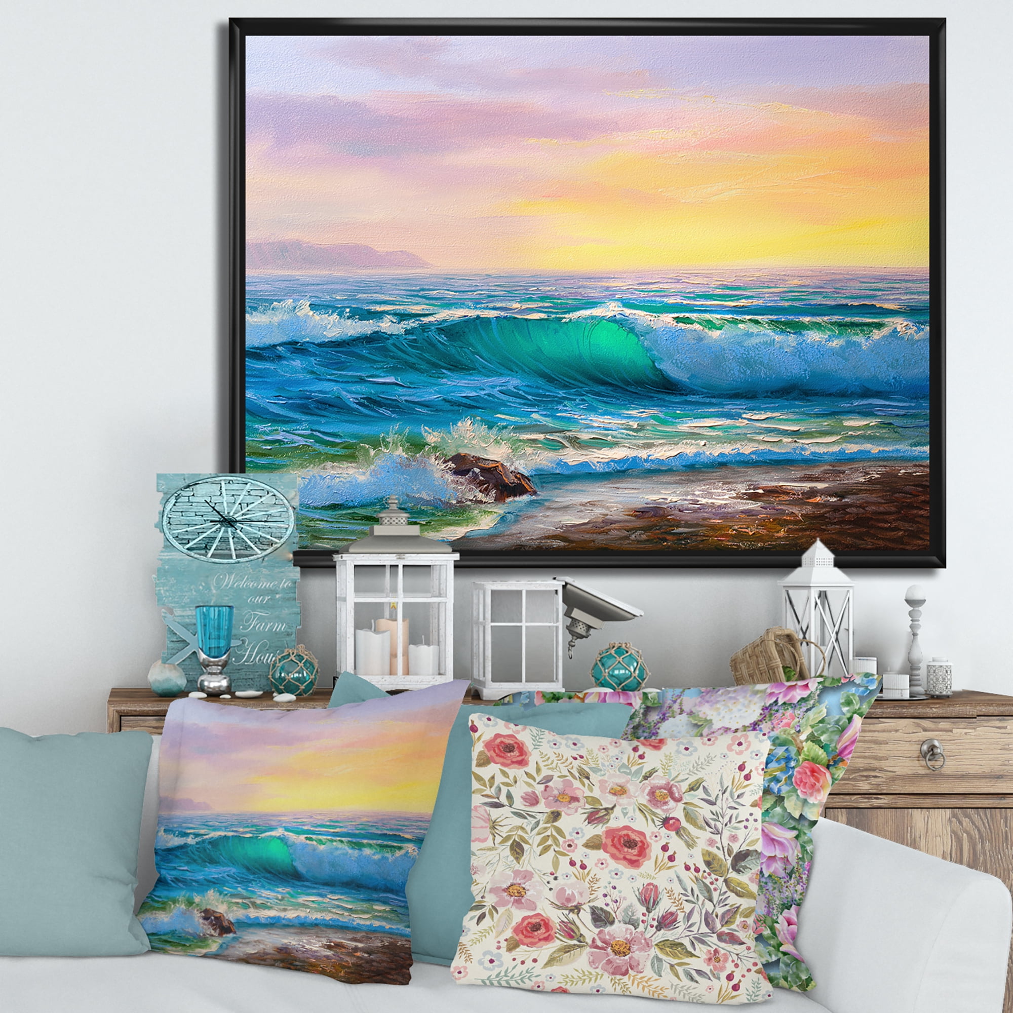 Designart 'Blue Waves Breaking At The Beach Landscape IV' Nautical & Coastal Framed Canvas Wall Art Print
