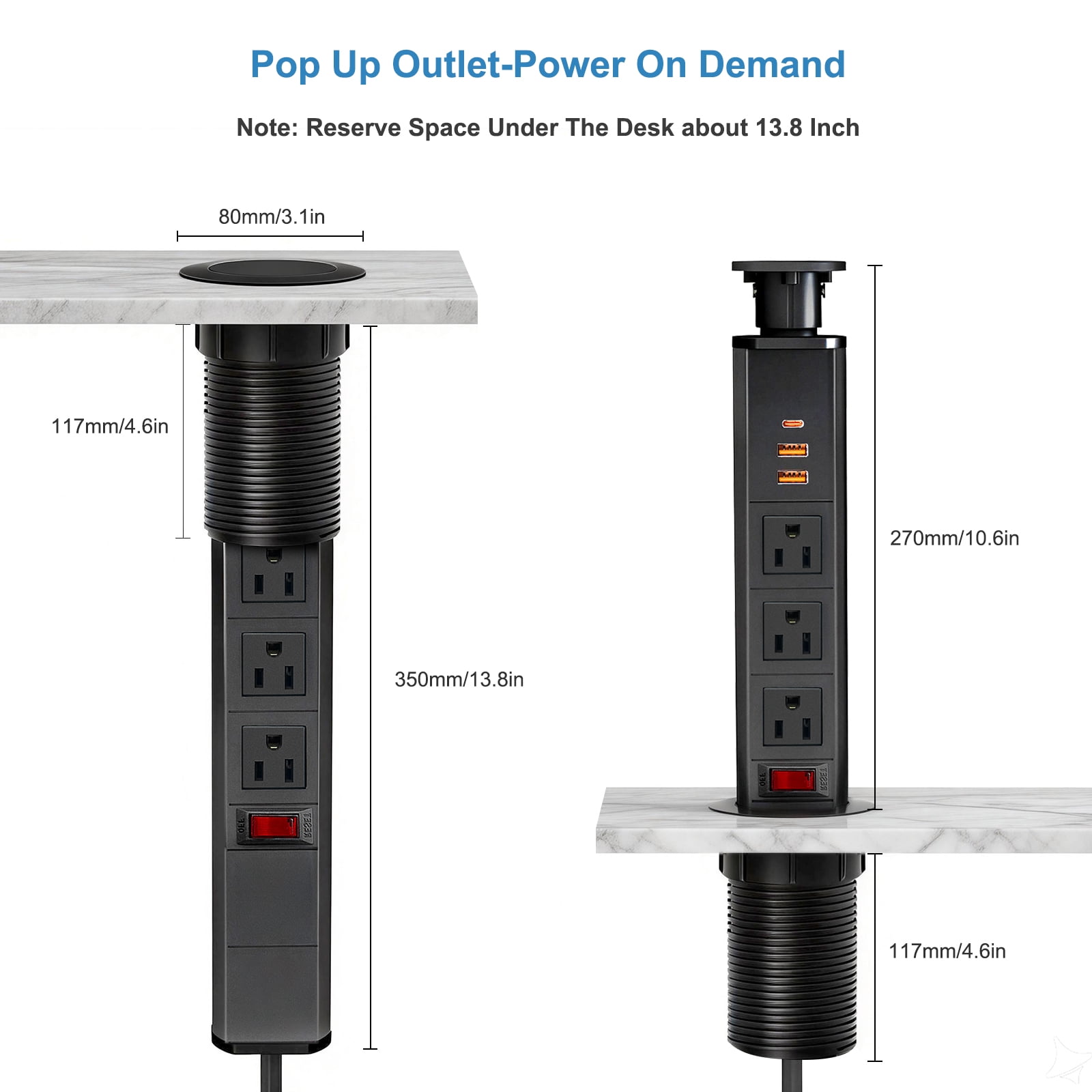 ZHANGONG Manual Pop Up Recessed Outlet for Desk Countertop, 3 AC & 3 USB (30W USB-C), Flush Mount Power Strip, Hide-Away, 5FT Cord for Office
