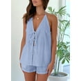 thumbnail image 4 of Women'S Summer Solid Loose Fit Sexy- Backless Halter Tie Front Tops and High Waisted Shorts 2 Piece Blue XL, 4 of 9