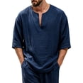 thumbnail image 3 of Mens Beach Shirts Linen 3/4 Sleeve Notch V-Neck Lightweight Breathable Summer Hawaiian Tops Fathers Gift, 3 of 6