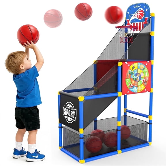 Lenbar Kids Basketball Arcade & Dart Game 2-in-1 Indoor Toy, Adjustable 36-50in, Ball Return, Storage Net, Gift for Boys Girls Ages 3-6
