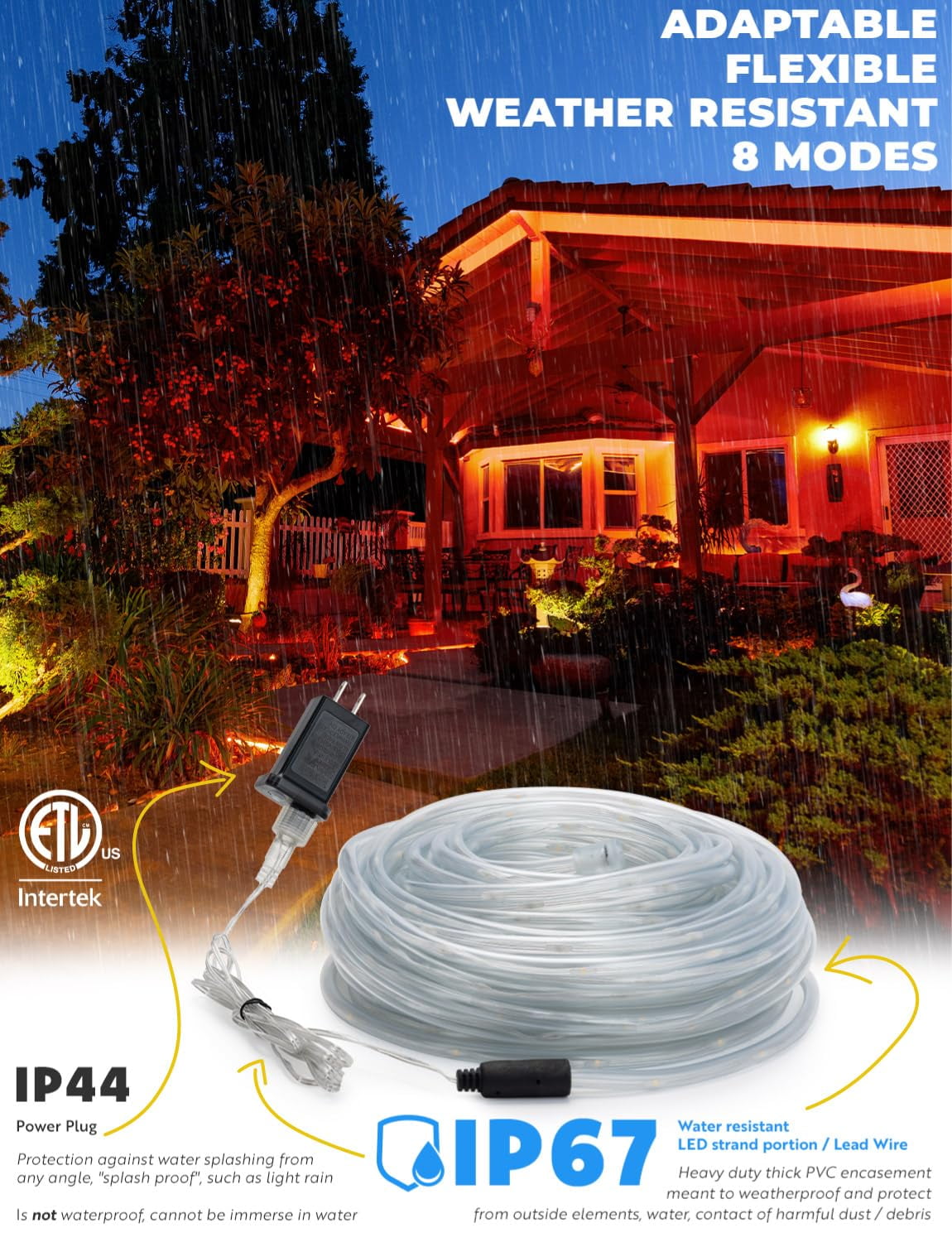 WYZworks 25ft Orange LED Outside Rope Light - 8 Modes, Waterproof Permanent Outdoor Accent Lighting w/Remote, Flexible Clear Tube, ETL Certified, Exterior Christmas Patio Palm Tree Yard Ambient