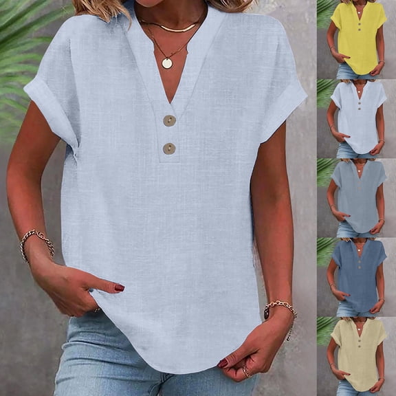 Eiyaclvo Cotton Linen Henley Shirts for Women Shorts Sleeve V Nevk Button T Shirts Loose Fit Solid Tunic T-Shirts Casual Dressy Top