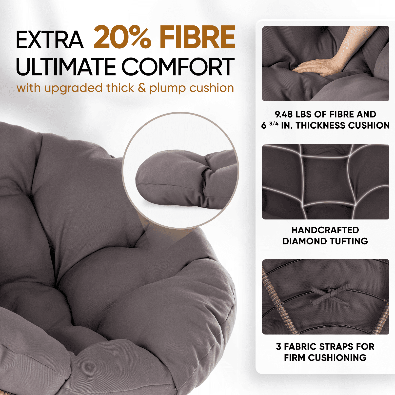 Bme Papasan Chair with Fabric Cushion, Metal Swivel Base, Mercury Ore - Brown Frame