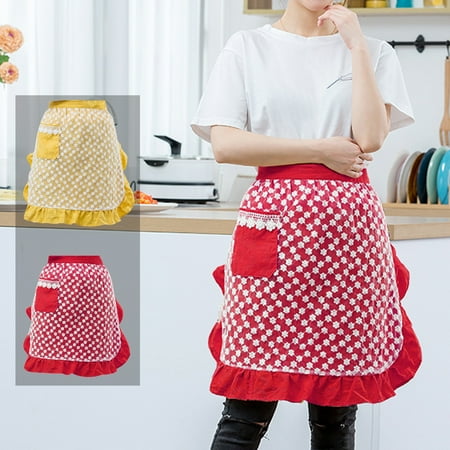 

Bcloud Waist Apron Flower Embroidery Easy to Wear Cotton Ruffled Waitress Apron for Cafe