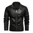 thumbnail image 2 of Somuwie Clearance Men's Motorcycle Leather Jacket PU Leather Stand Collar Knitted Hooded Zipper Jacket, 2 of 3