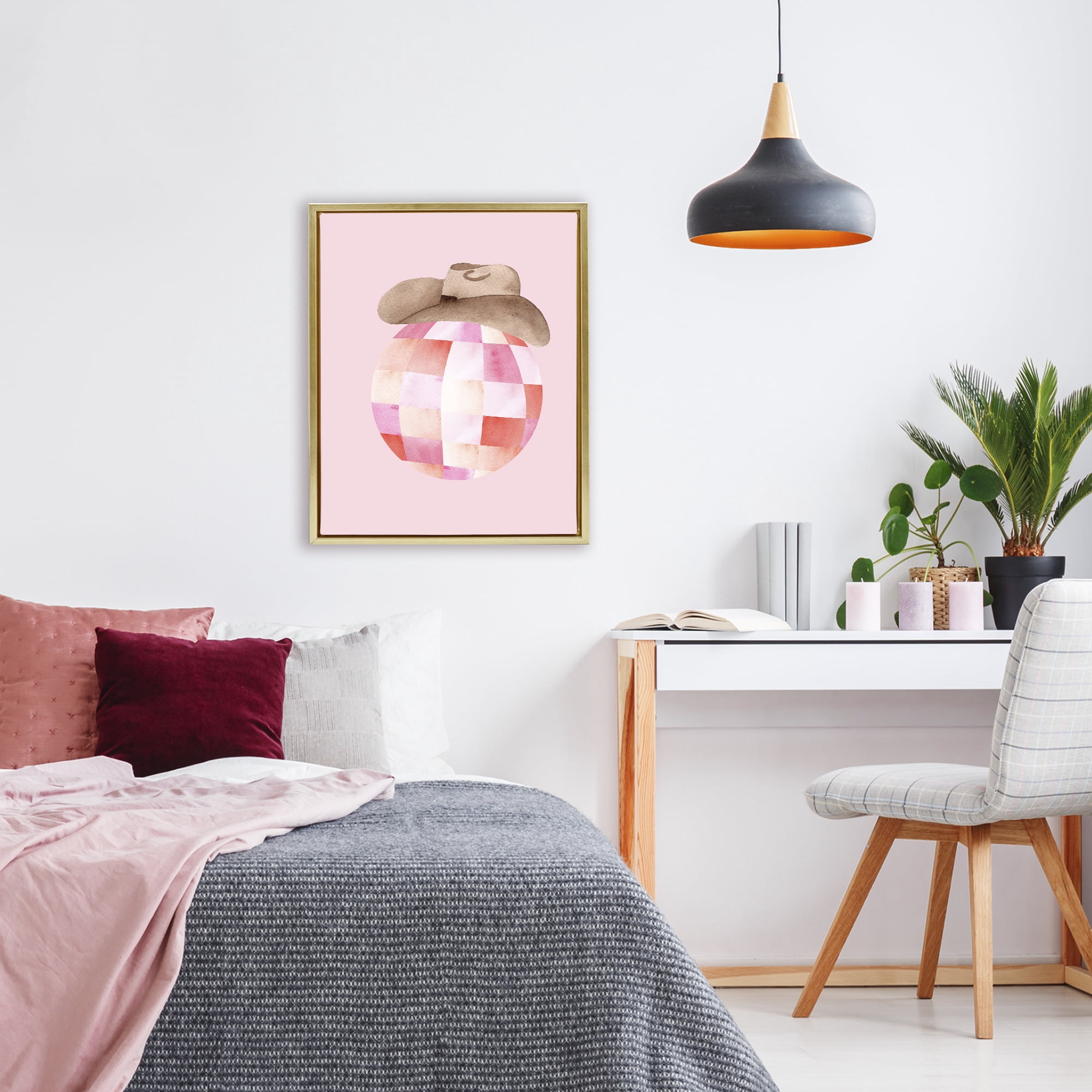 Rosy Disco Cowgirl Hat Gold Framed Floater Canvas Wall Art, design by Nina Jacobs