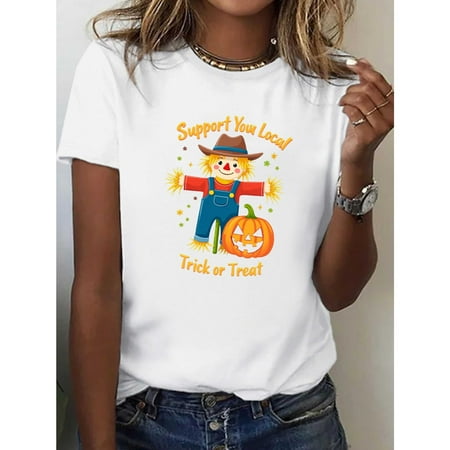 Halloween Support Local T Shirt Scarecrow Pumpkin Graphic Womens Fall Comfortable Top White S-5XL