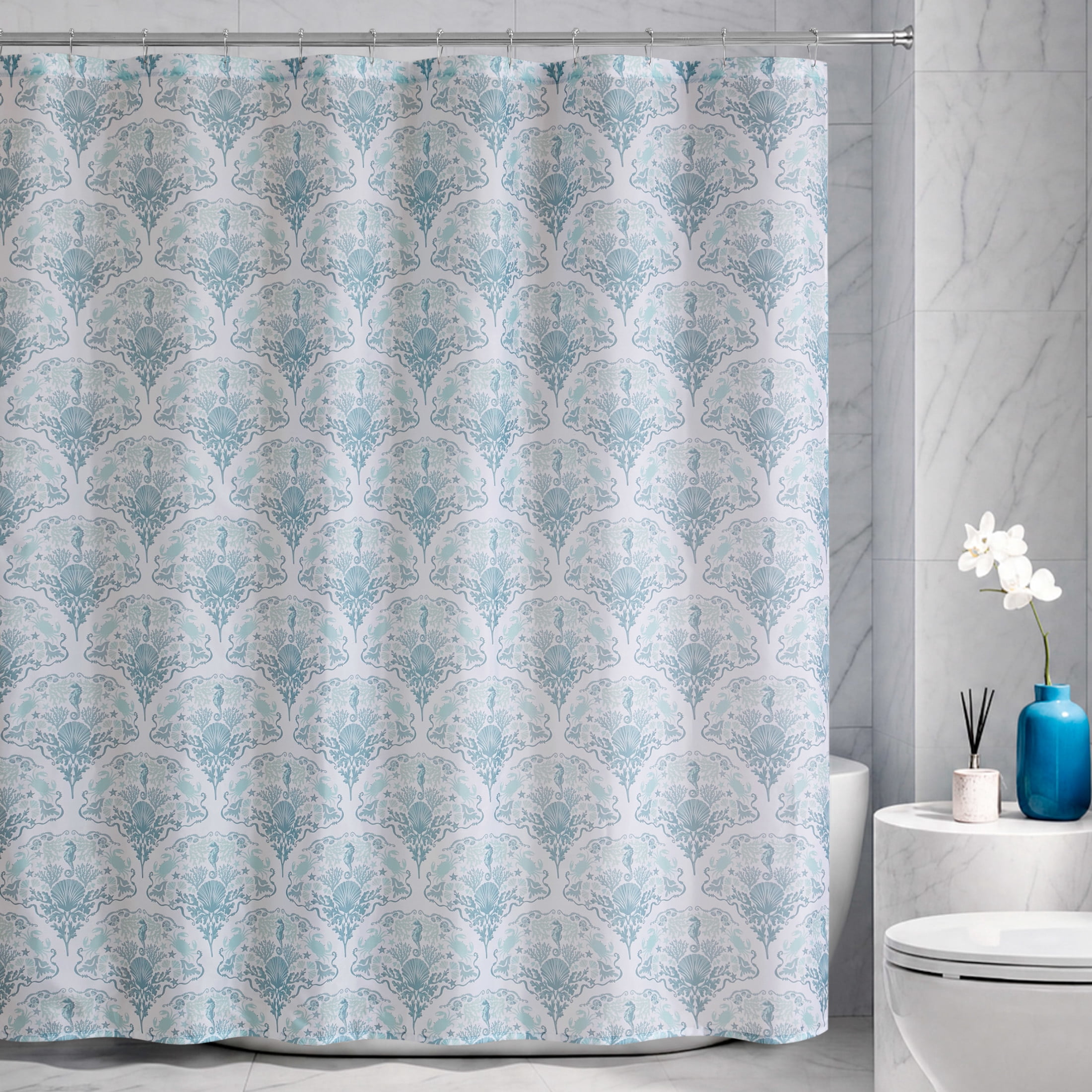 CHI Newport Shower Curtain with Hooks and Rugs Modern Washable 72" W x 72" L 15-Piece Set