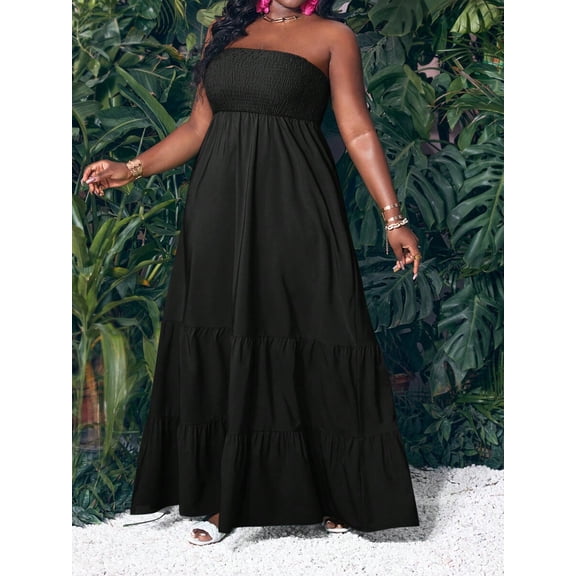 Black Strapless Tiered Maxi Dress For Women Casual Summer Vacation Long Flowy Dress Plus Size