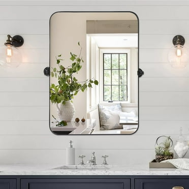 MAYEERTY 32" x 24" Rectangular Wall Mirror Pivot Mirror for Bathroom Vanity, Metal, Black, Modern