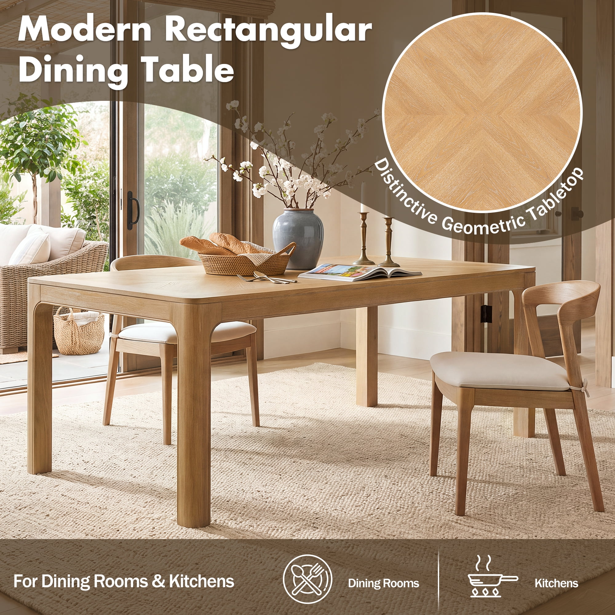 Euroco 60" Rectangular Dining Table for 4-6 Person,Farmhouse Wood Kitchen Table with Rounded Corners and Curved Leg for Kitchen Living Room,Natural